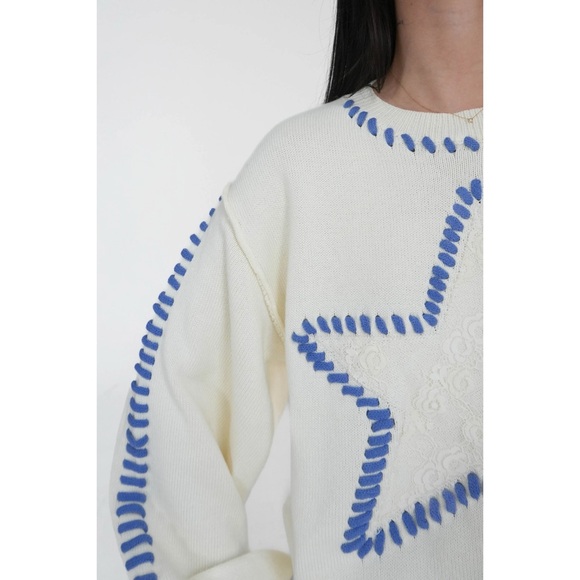 POL Cream with Blue Star Contrast Stitched Relaxed Fit  Sweater - Picture 4 of 13
